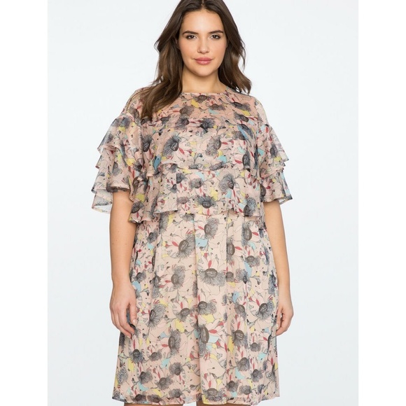 Eloquii Dress Floral Two-Tiered Thisle Pink Floral - Picture 3 of 3